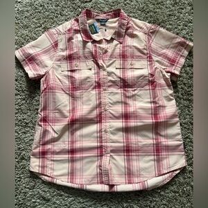 Eddie Bauer Women's Pink and White Plaid Button-Down Shirt